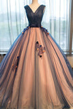 Chic Brown Long Ball Gown V-Neck Tulle Lace up Sleeveless Applique Prom Dresses UK PH370