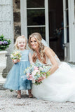 A-Line Mid-Calf Blue Lace Top Tulle Scoop Sleeveless Cheap Junior Flower Girl Dress PM528