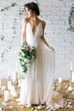 Simple Deep V-neck Sweep Train Chiffon Spaghetti Strap Ivory Wedding Dresses With Straps PM508