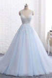 Sexy Ball Gown Tulle Sky Blue V-neck Appliques Brush Train Long Sleeveless Prom Dresses UK PH505