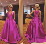 A Line V-Neck Satin Hot Pink Long Prom Dresses with Ribbon