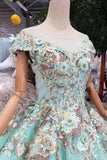 Elegant Ball Gown Cap Sleeve Lace up Scoop with Lace Appliques Beads Prom Dresses PW789