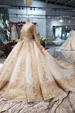 Princess Long Sleeve Ball Gown Scoop With Applique Beads Lace up Prom Dresses PW790