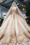 Princess Long Sleeve Ball Gown Scoop With Applique Beads Lace up Prom Dresses PW790