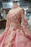 Long Sleeve Ball Gown High Neck With Lace Applique Beads Lace up Prom Dresses PW793