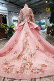 Long Sleeve Ball Gown High Neck With Lace Applique Beads Lace up Prom Dresses PW793