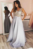 A Line V Neck Satin V Back Appliques Prom Dresses with Pockets, Formal Dresses PD06