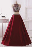 Two Piece Burgundy Teens Glitter Halter Sleeveless Sparkly Prom Dresses