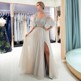 A Line V-Neck Half Sleeve Beading Split Tulle Court train Prom Dress WH54688