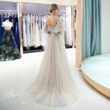 A Line V-Neck Half Sleeve Beading Split Tulle Court train Prom Dress WH54688