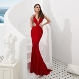 Sexy Mermaid V-Neck See-through Beads Sleeveless Satin Prom Dress WH66311