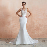 Sexy Mermaid Sleeveless Appliques Chiffon Court Train Wedding Dresses WH36373