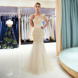 Stunning Mermaid Cap Sleeves Beading Tulle Floor Length Prom Dress Party Dress WH71697