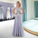 A Line Round Neck Sleeveless Beading Lace Floor Length Prom Dress Party Dress WH72701