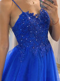 Elegant A Line Sleeveless Blue Tulle Floor length Prom Dress Evening Dress