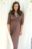 A Line Brown V Neck 3/4 Sleeve Floor Length Prom Dresses Evening Dresses FP2152