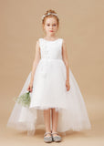 Chic Hi-Lo Sleeveless Applique Tulle Stain Flower Girl Dresses With Bownet FL0025