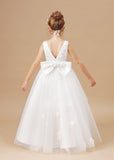 Chic Hi-Lo Sleeveless Applique Tulle Stain Flower Girl Dresses With Bownet FL0025