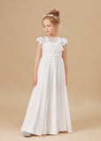 A Line Floor Length Ivory Chiffon Appliques Flower Girl Dresses