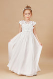 A Line Floor Length Ivory Chiffon Appliques Flower Girl Dresses