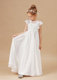 A Line Floor Length Ivory Chiffon Appliques Flower Girl Dresses