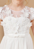 A Line Floor Length Ivory Chiffon Appliques Flower Girl Dresses