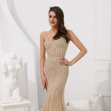 Shiny Deep V-Neck Mermaid Spaghetti Straps Beads Prom Dress WH60720