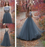 Charming V-Back Tulle Gray Evening Long Prom Dress