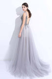 2018 New A-Line V-Neck Grey Tulle Beaded Long Sleeveless Backless Prom Dresses uk with Split PM884