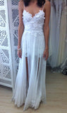 Stunning Backless White Lace Boho Spaghetti Straps Chiffon Beach Wedding Dress with Lace Lining PM804