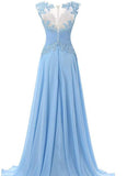 A Line Scoop Sweep Train Appliques Chiffon Prom Dress