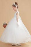 Cap Sleeves Ivory Tulle Flower Girl Dresses With Bow-Knot FL0002