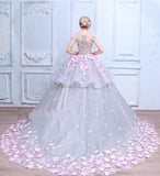 Scoop Ball Gown Gray Tulle Sleeveless Bowknot Empire Waist Wedding Dress with Pink Flowers PM576