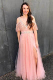 Pretty Tulle Lace V-Neck Slit Off Shoulder Summer Long Prom Dresses