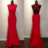 Red Mermaid Backless Sleeveless Criss Cross Sweep Train Prom Dress