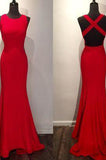 Red Mermaid Backless Sleeveless Criss Cross Sweep Train Prom Dress