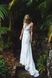 Chic Ivory Mermaid V-Neck Open Back Lace Long Sleeveless Beach Wedding Dresses PH599