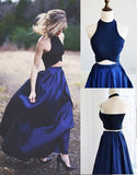 Two Piece Navy Blue Halter A Line Backless Sleeveless Satin Evening Dress