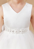 Sleeveless Ivory V-Neck Tulle Satin Flower Girl Dresses With Bowknot