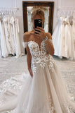 A-line Off the Shoulder Tulle Wedding Dress with Appliques N092