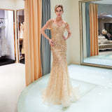 Mermaid V-Neck Cap Sleeve Sequins Beading Sweep Train Prom Dress Party Dress WH94709