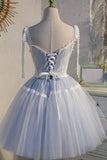 Light Blue Spaghetti Straps Lace Tulle Short Homecoming Dresses