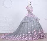 Scoop Ball Gown Gray Tulle Sleeveless Bowknot Empire Waist Wedding Dress with Pink Flowers PM576