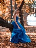 A Line One Shoulder Blue Appliques Tulle Prom Dress PD1136