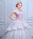 Scoop Ball Gown Gray Tulle Sleeveless Bowknot Empire Waist Wedding Dress with Pink Flowers PM576