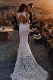 Charming Sheath Lace Bridal Gown with Slit Open Back Ivory Boho Wedding Dresses W1107