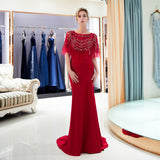 Mermaid Beading Half Sleeves Satin Sweep Train Prom Dress Party Dress WH63689