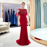 Mermaid Beading Half Sleeves Satin Sweep Train Prom Dress Party Dress WH63689