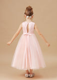 Sleeveless Applique Tulle Crepe Satin Flower Girl Dresses With Bowknot