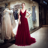 A Line V-Neck Sequins Beading Burgundy Tulle Prom Dress WH94707